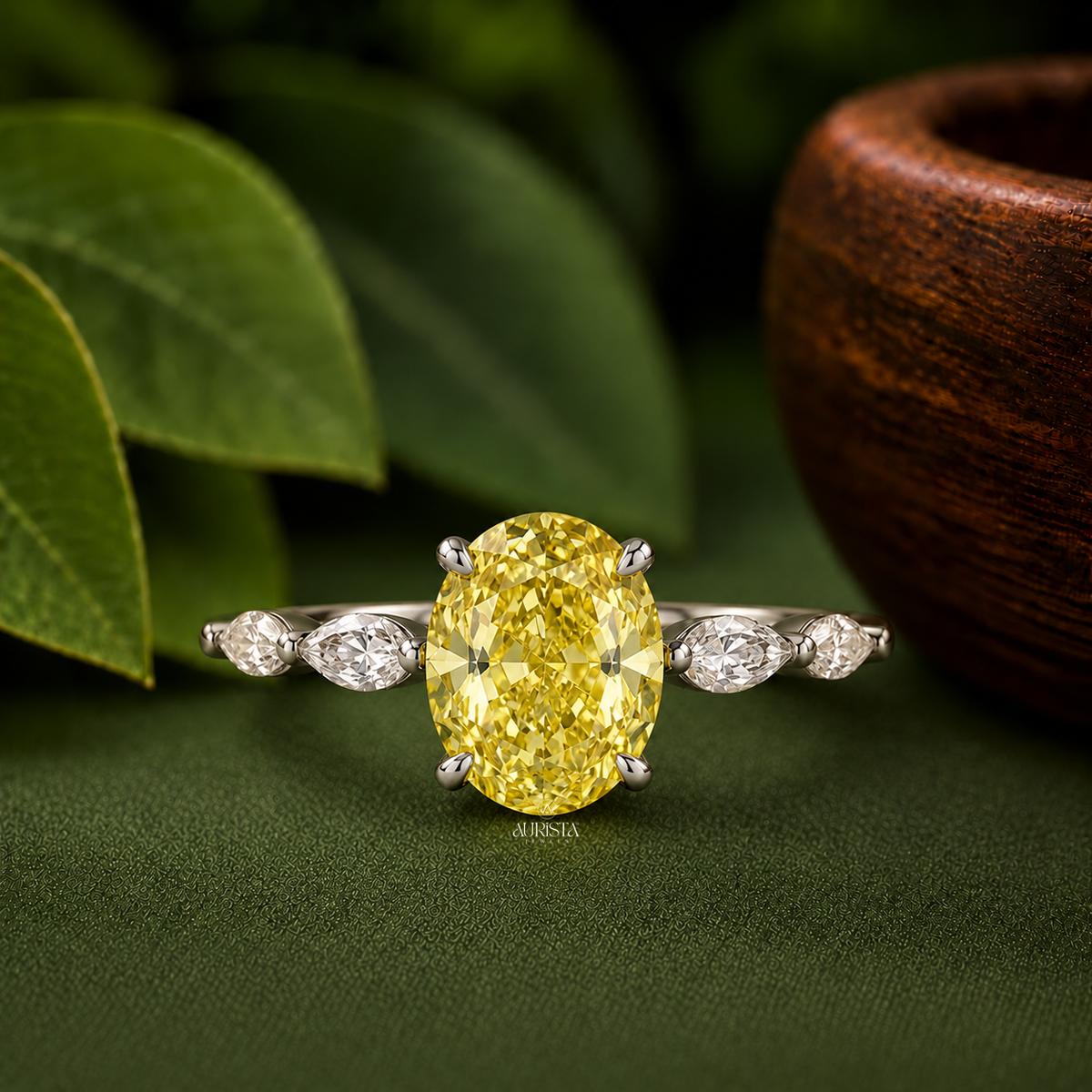 Oval Yellow Color Diamond Ring with Marquise Accent Lab Grown in Diamond