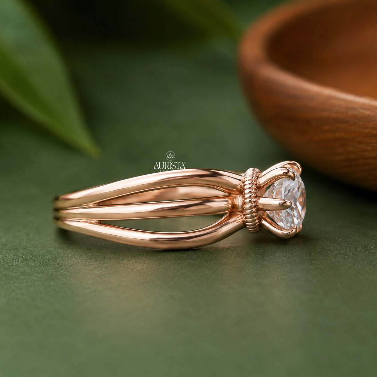 Round Cut Lab Grown Diamond Engagement Ring, Multi-Band Rose Gold Wedding Ring