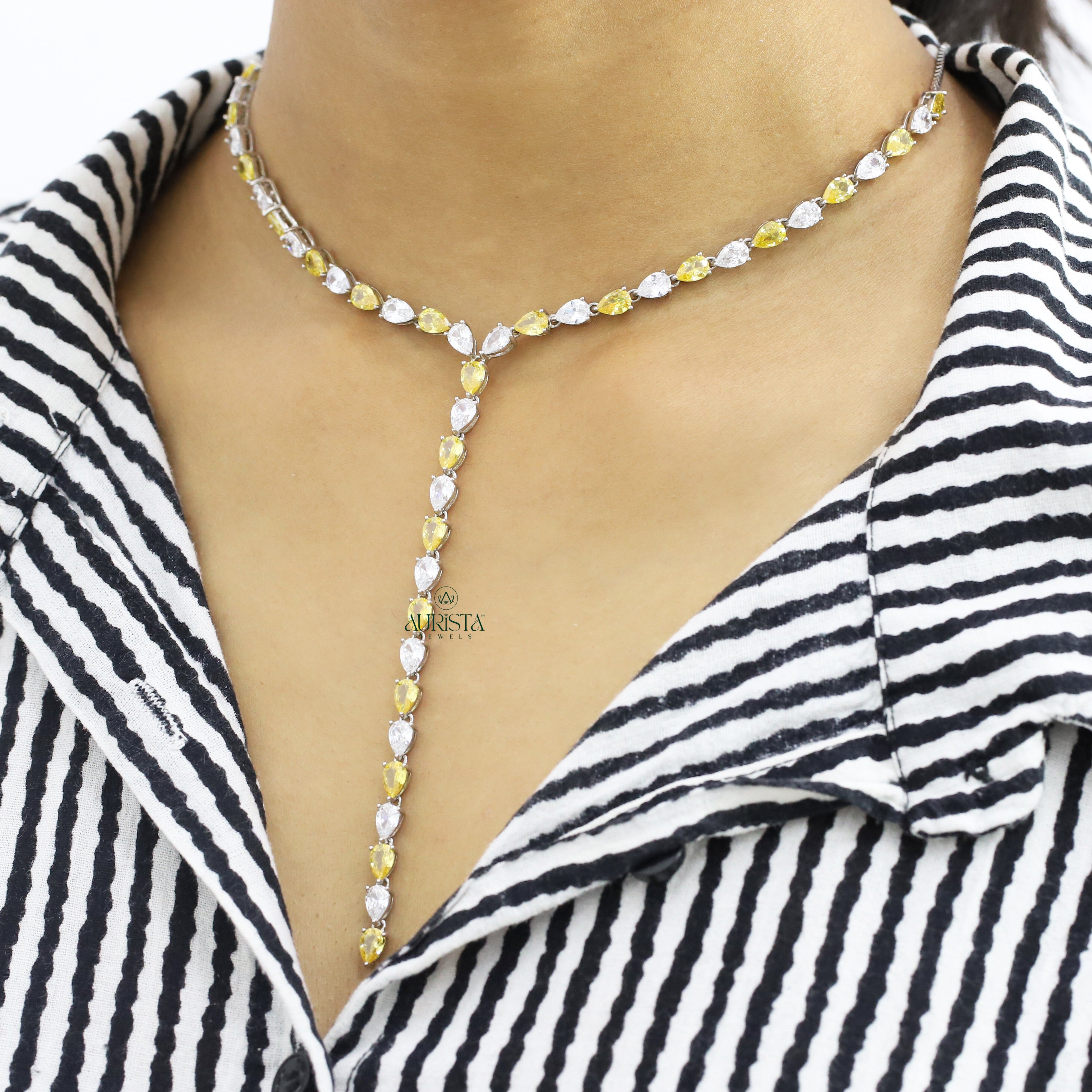 Moissanite Y-Necklace, Pear Cut Yellow & White Stone Drop Necklace
