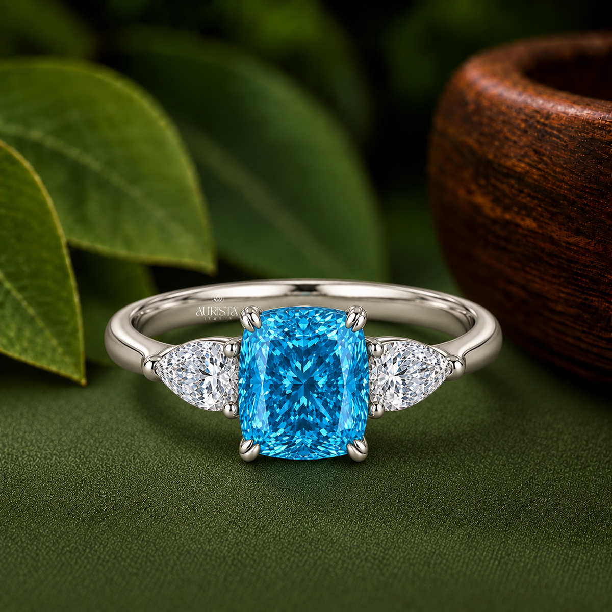 Cushion Cut Blue Color Diamond Three Stone Ring Lab Grown in Diamond Fine Ring