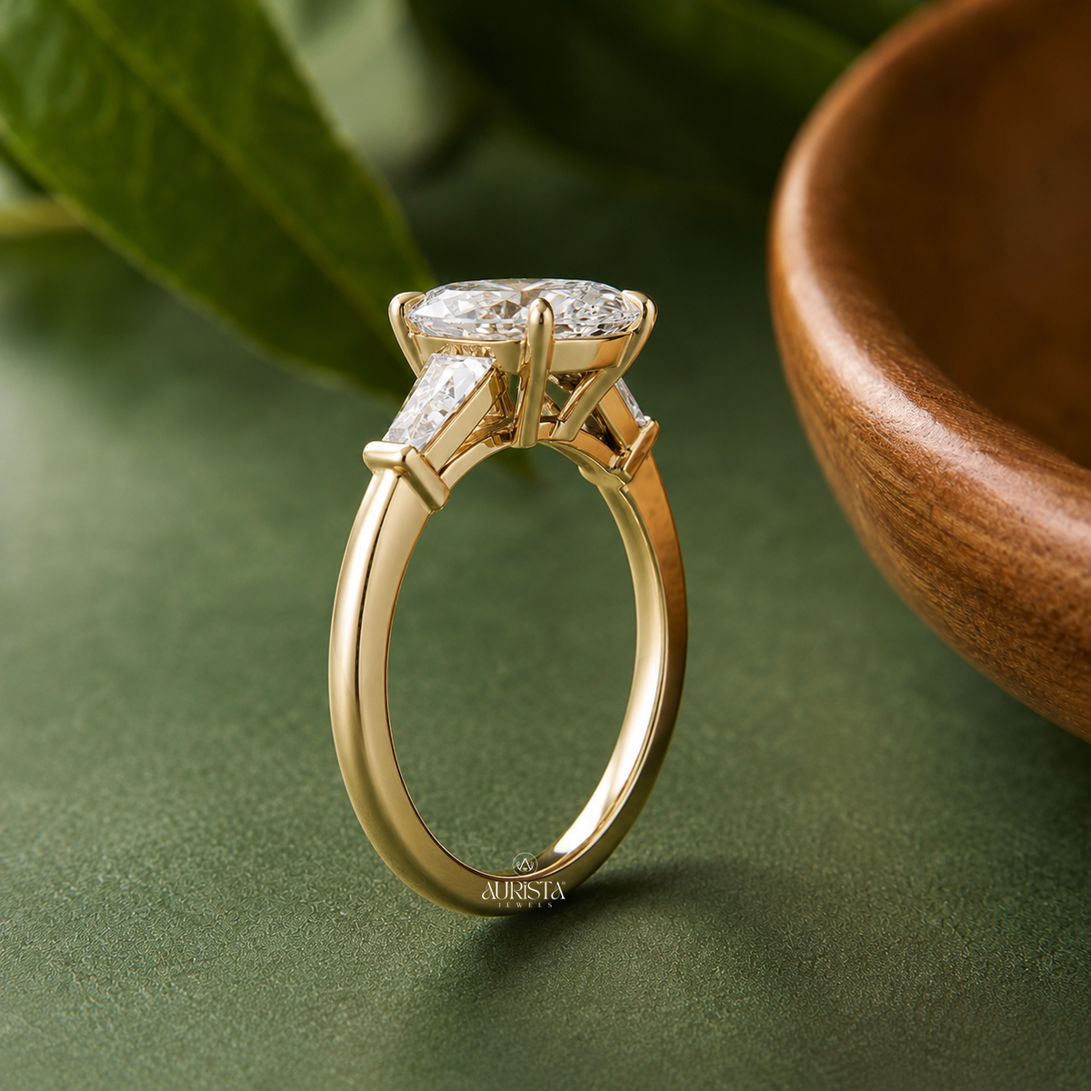 Oval & Tapered Baguette Lab Grown Diamond Ring, Three Stone Anniversary Gift