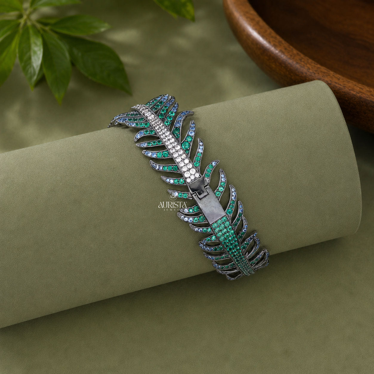 Peacock Feather Moissanite Bangle - Blue Sapphire & Round Gemstone Cuff Bracelet