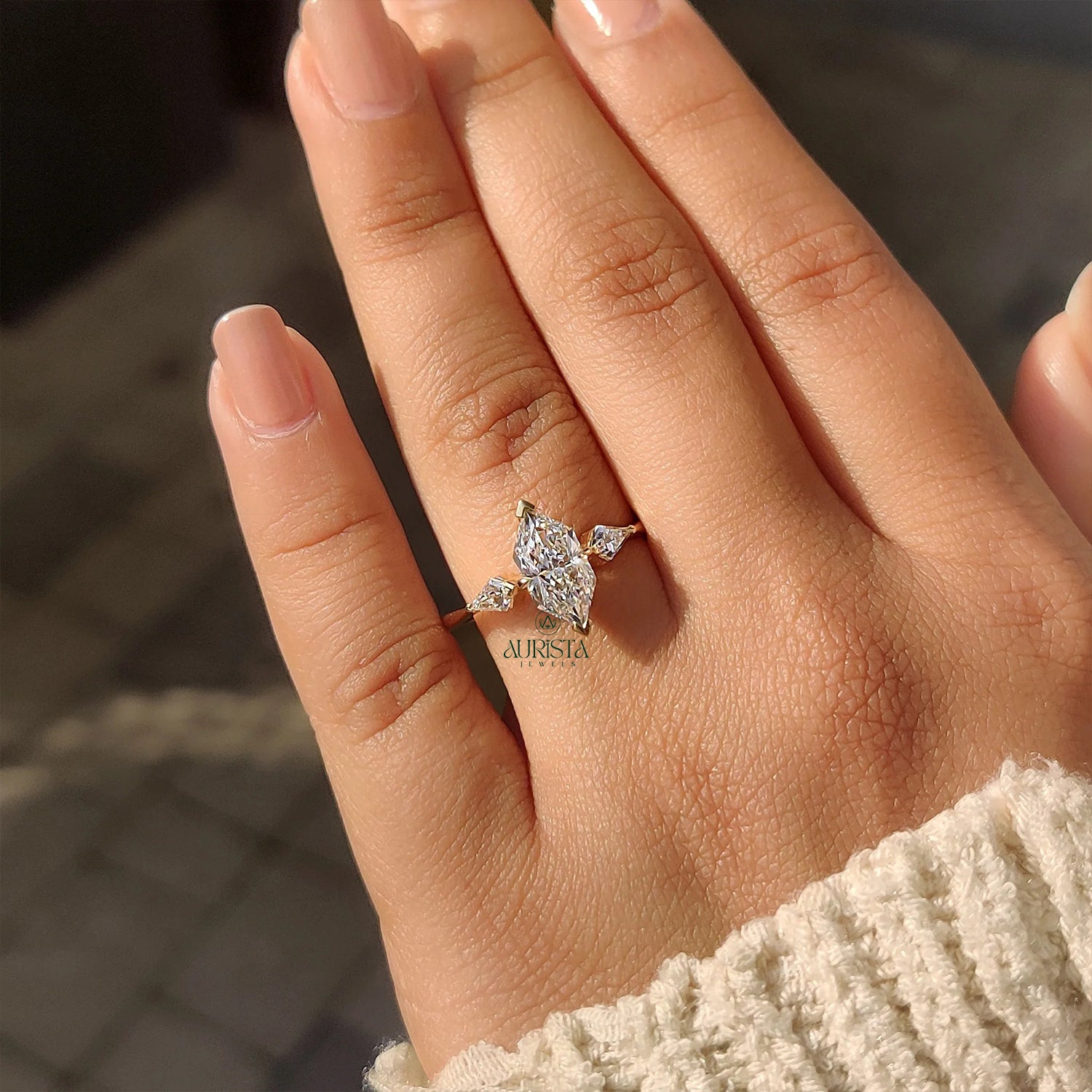 Vintage Marquise Diamond Three Stone with Geometric Kite Side Stones