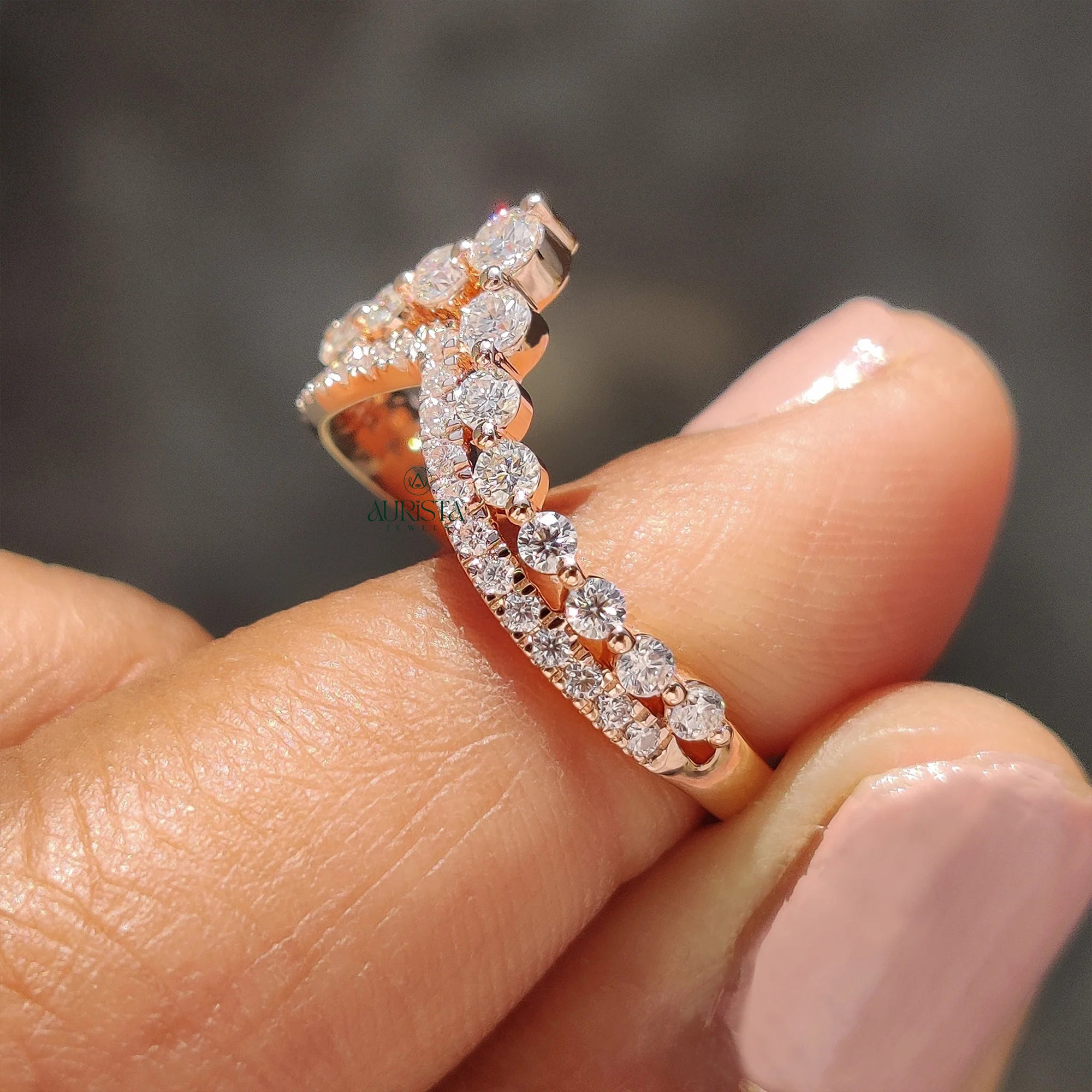 Rose Gold Chevron Lab Grown Diamond Wedding Band Curved Double Row Stackable Ring