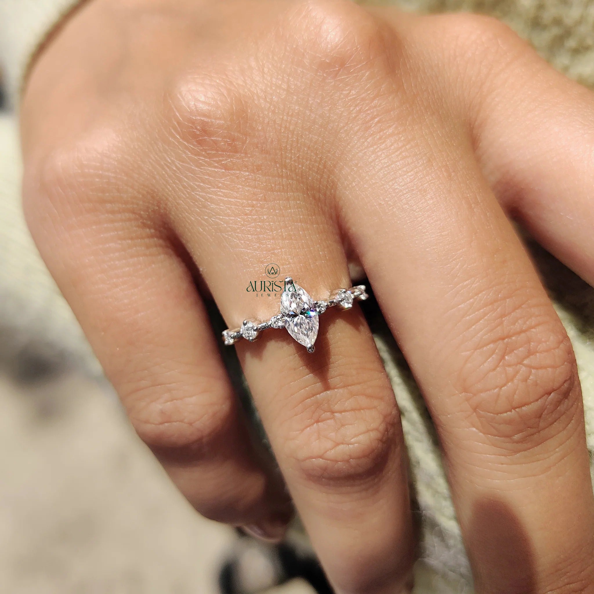 Marquise Moissanite Engagement Ring with Diamond Side Stones in White Gold Band