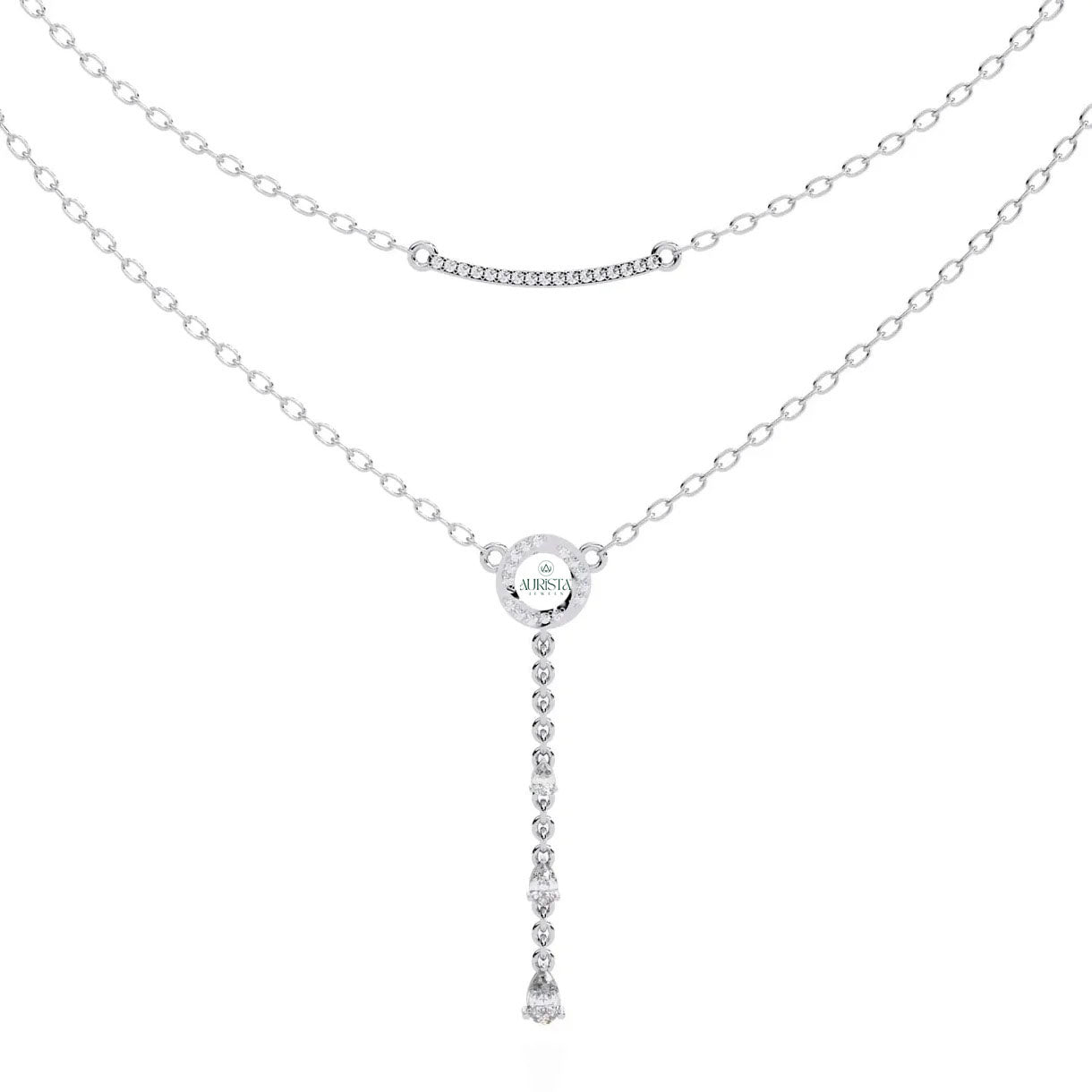 Gold Layered Lariat Necklace Lab Grown Diamond Curved Bar Circle Drop Y Necklaces