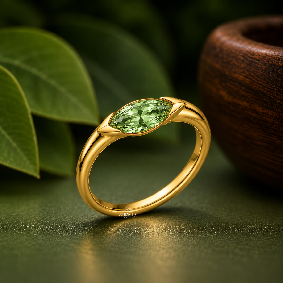 Green Marquise Cut Bezel Set Engagement Ring Solitaire Band Lab Grown in Diamond