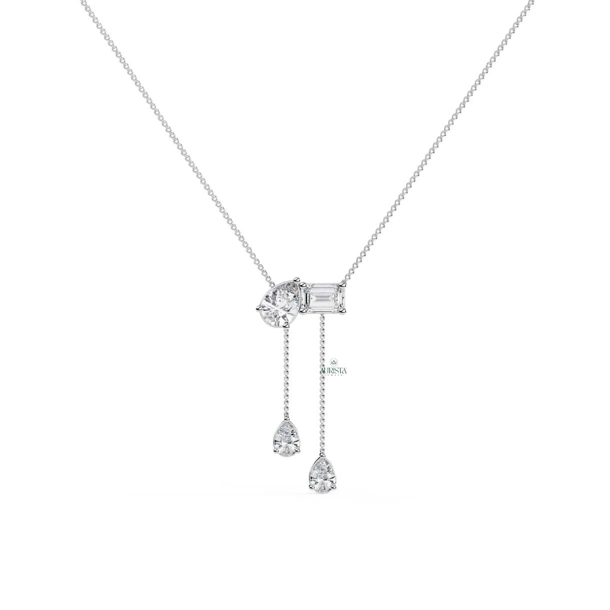 Mixed Cut Lab Grown Diamond Lariat Necklace Pear and Emerald Cut Dangle Necklace