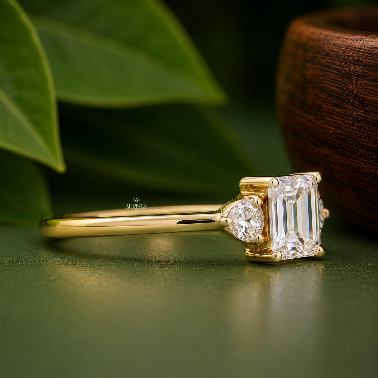 Emerald & Round Lab Grown Diamond Three Stone Ring, Anniversary Gift