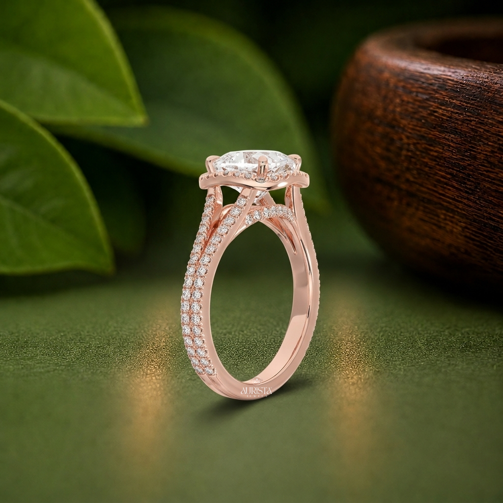 Cushion Lab Grown Diamond Ring, Rose Gold Split Shank Halo With Round Side Stones
