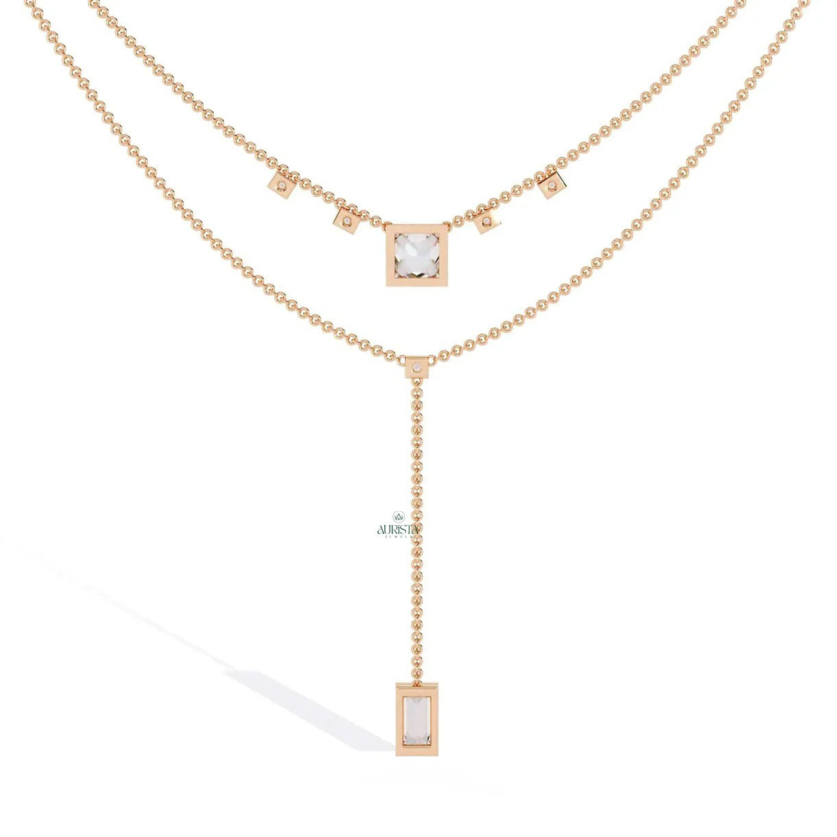 Princess and Baguette Lab Grown Diamond Lariat Necklace Layered Minimalist Chain