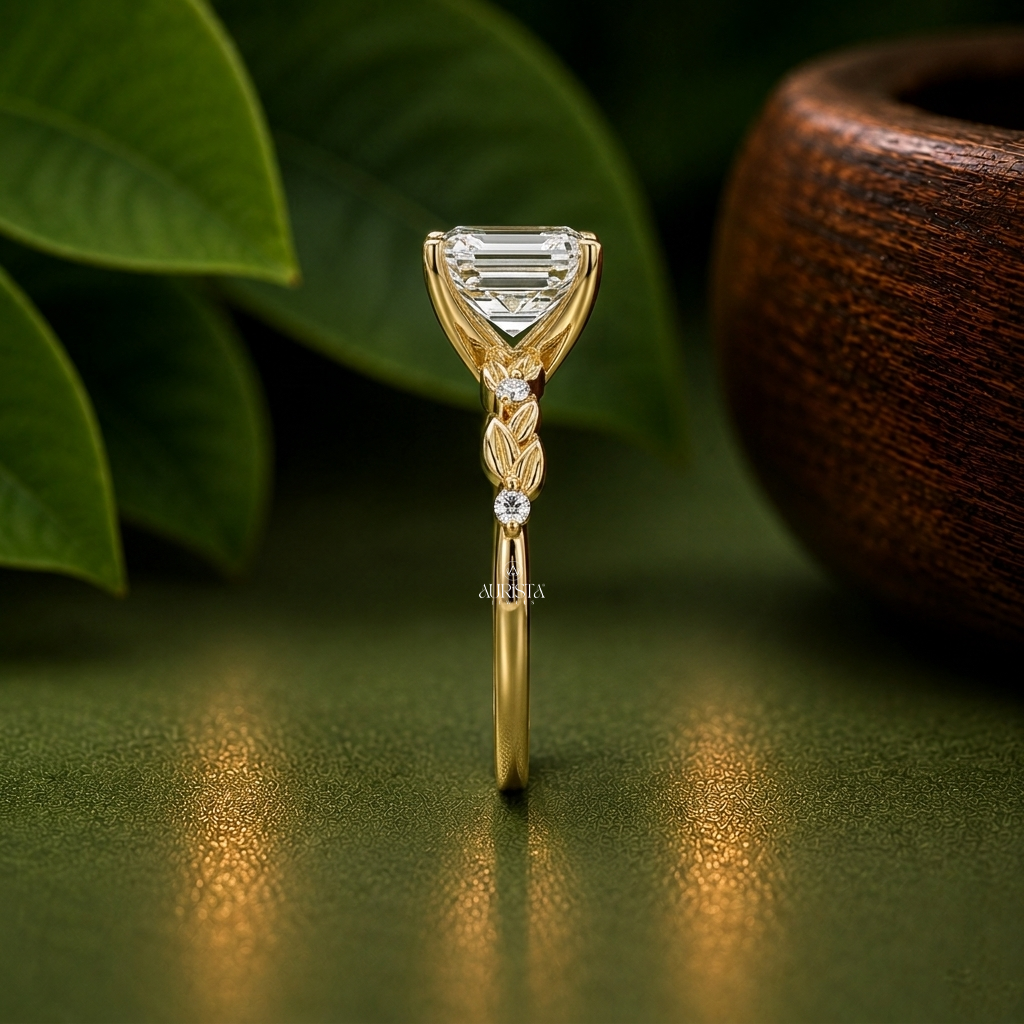 Asscher Shape Lab Grown Diamond Ring, Hidden Halo Nature Leaf Band With Side Stones