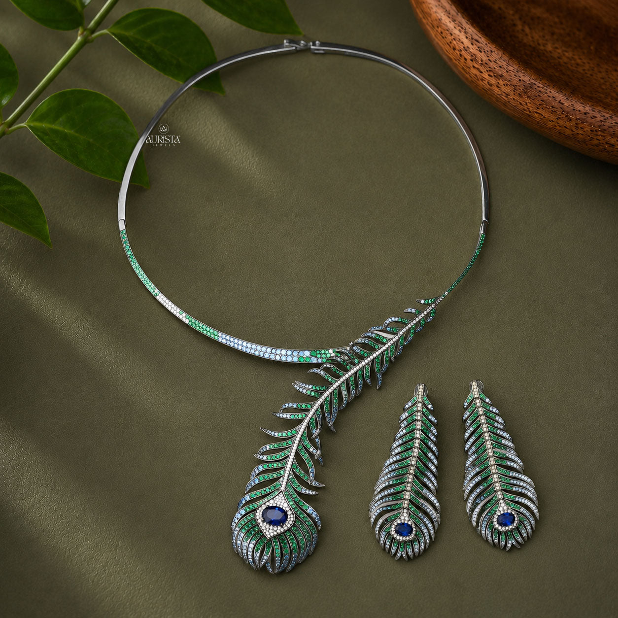 Peacock Feather Moissanite Choker Set - Blue Sapphire & Oval Gemstone Jewelry