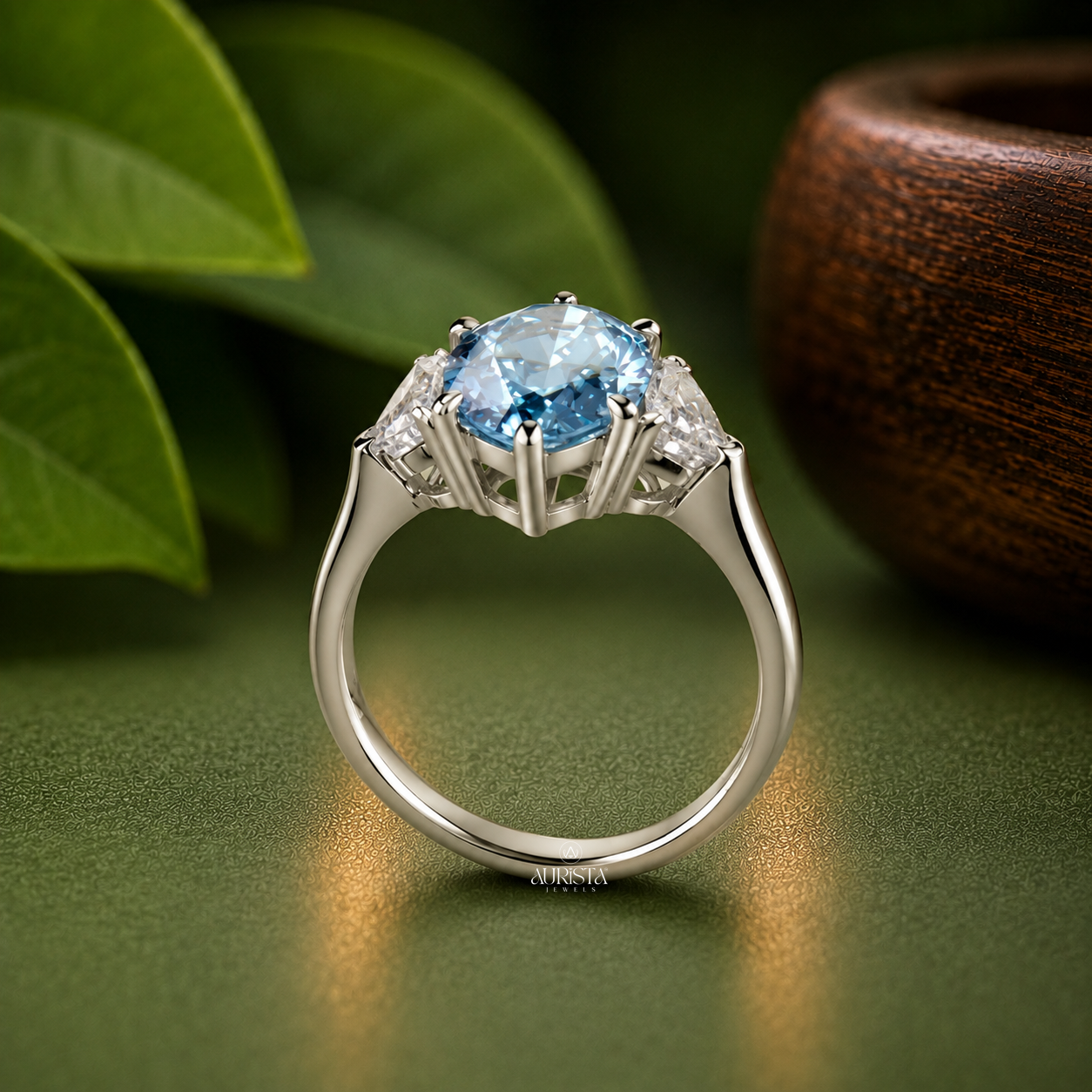 Lab Grown in Diamond Blue Marquise Engagement Ring Three Stone Statement Ring