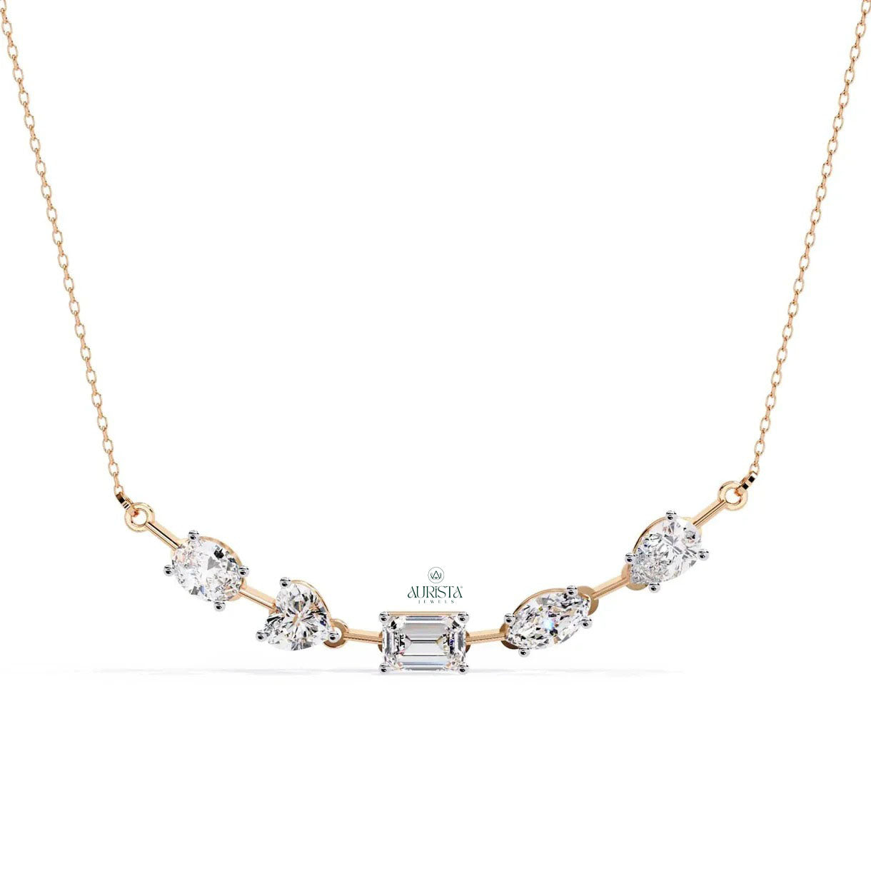 Gold Mixed Cut Moissanite Diamond Station Necklace Pear Emerald Heart Marquise Chain