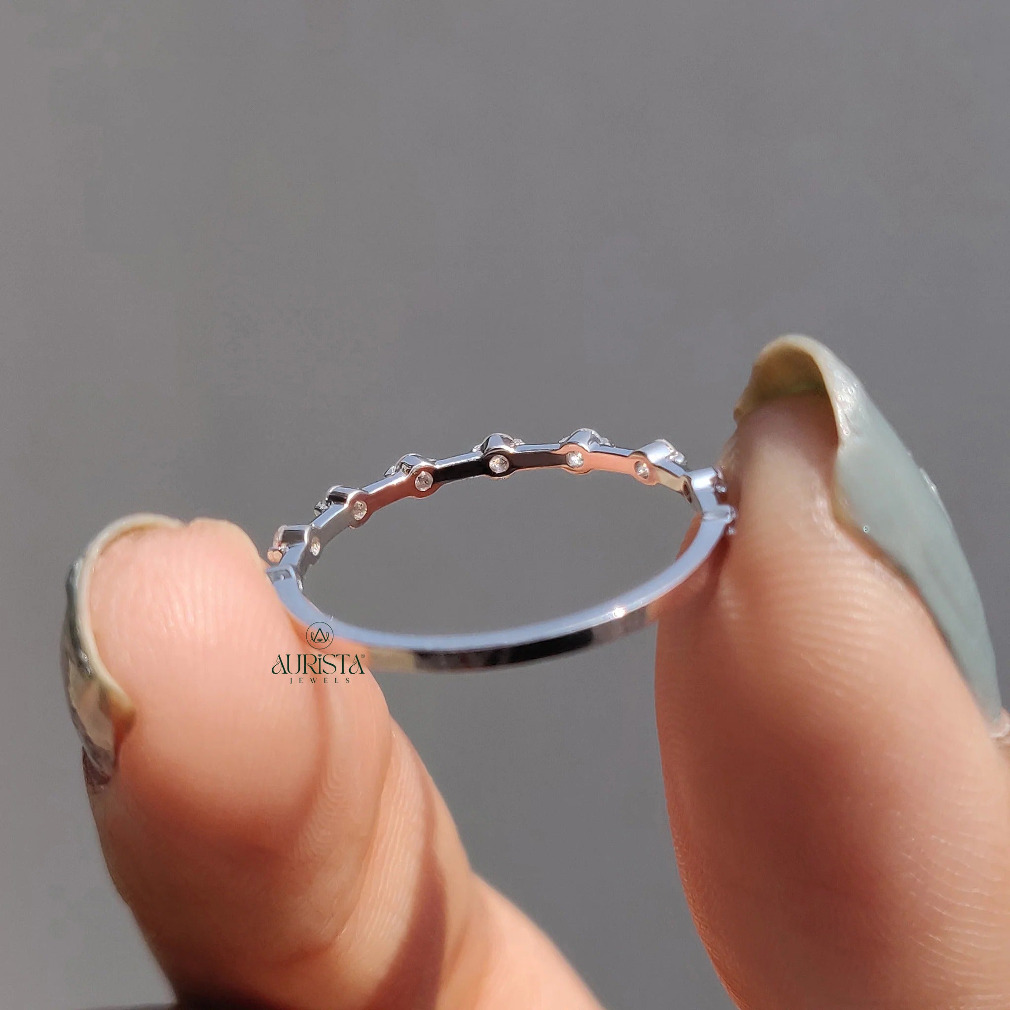 Dainty Moissanite and Diamond Station Band - Minimalist Stackable Wedding Ring