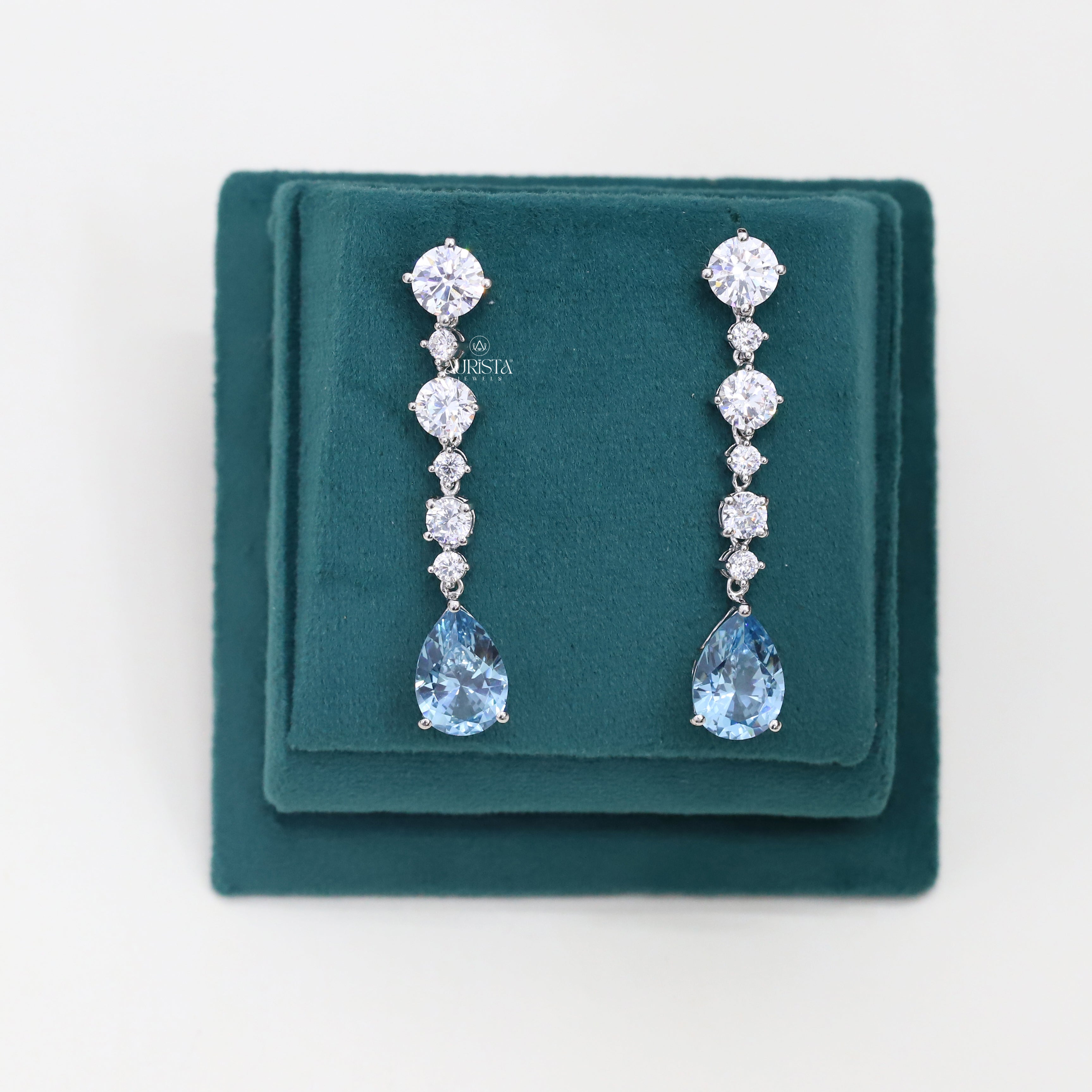 Blue Pear Drop Earrings Dainty Round Moissanite  Cluster Dangle Bridal Jewelry