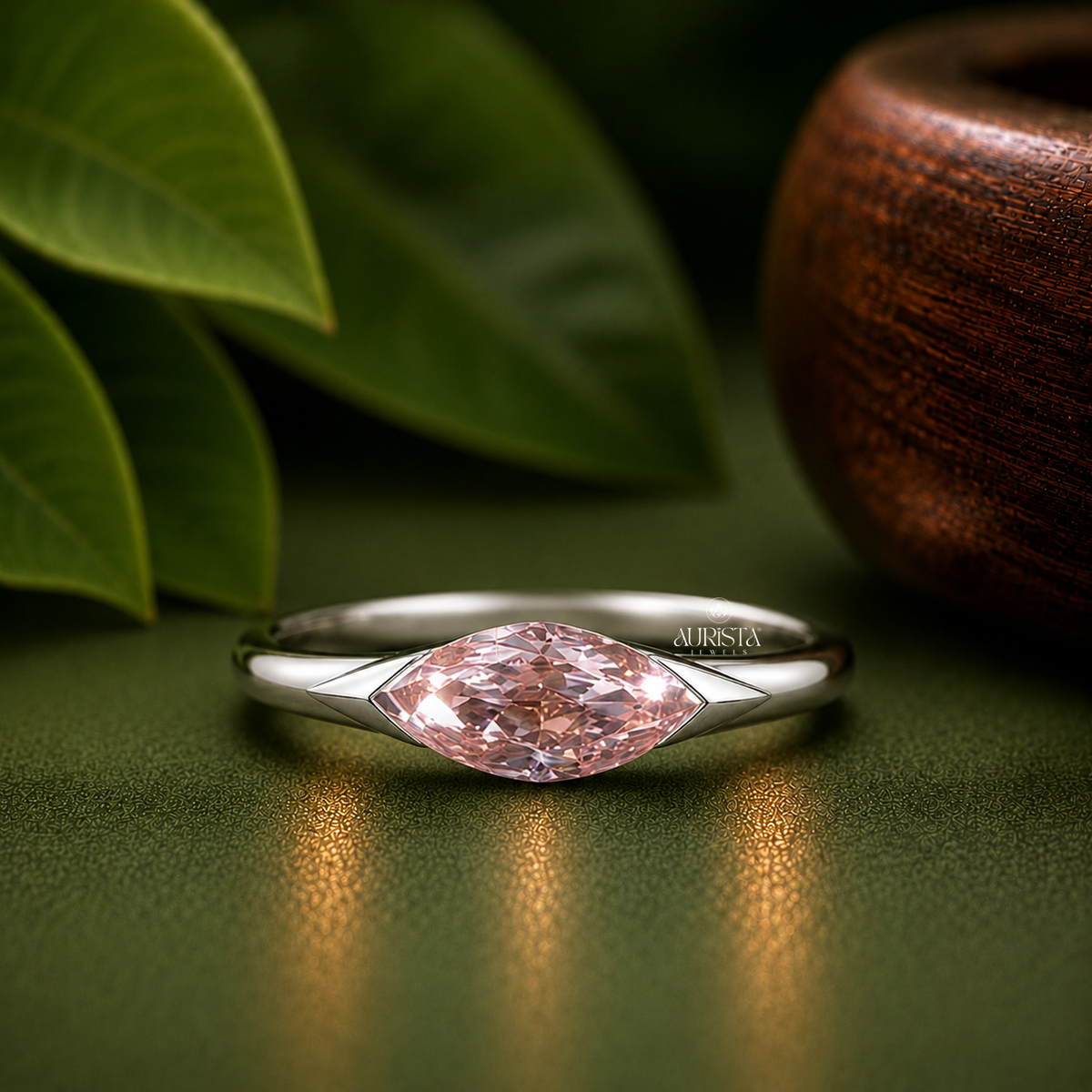 Pink Marquise Cut Bezel Set Engagement Ring Solitaire Band Lab Grown in Diamond