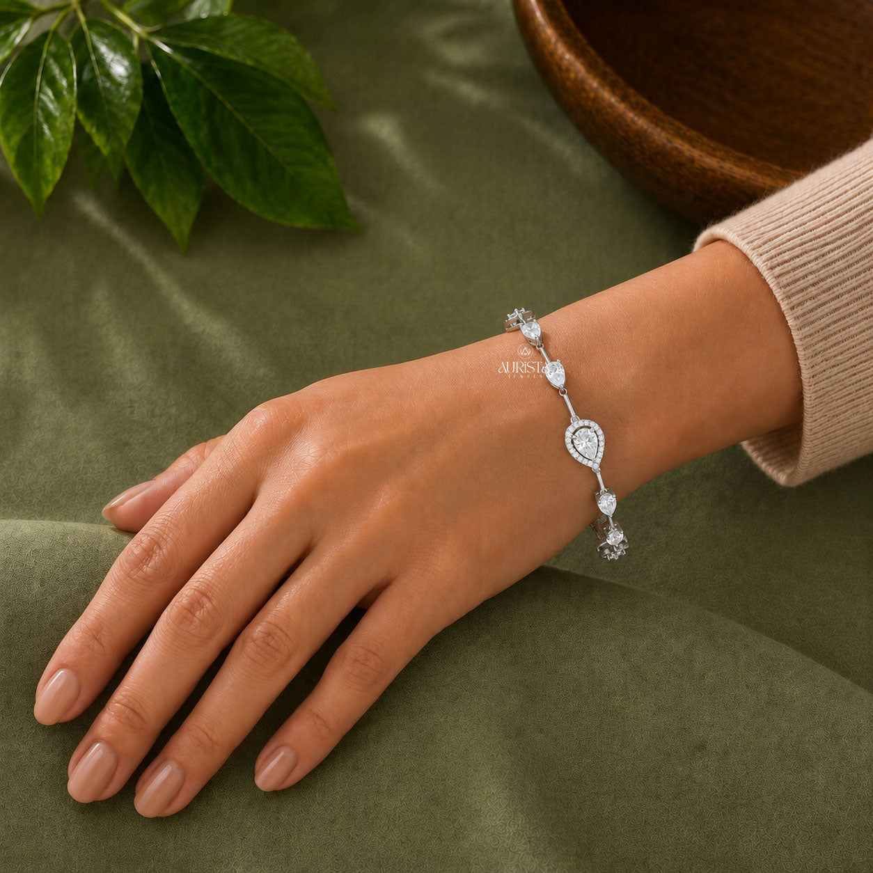 Pear Cut Moissanite Halo Station Bracelet - Silver Teardrop Link Tennis Bracelet