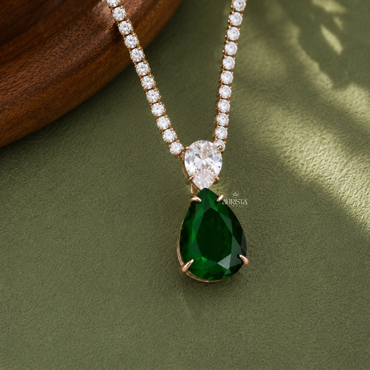 Round Moissanite Tennis Necklace with Pear-Cut Green Drop Pendant