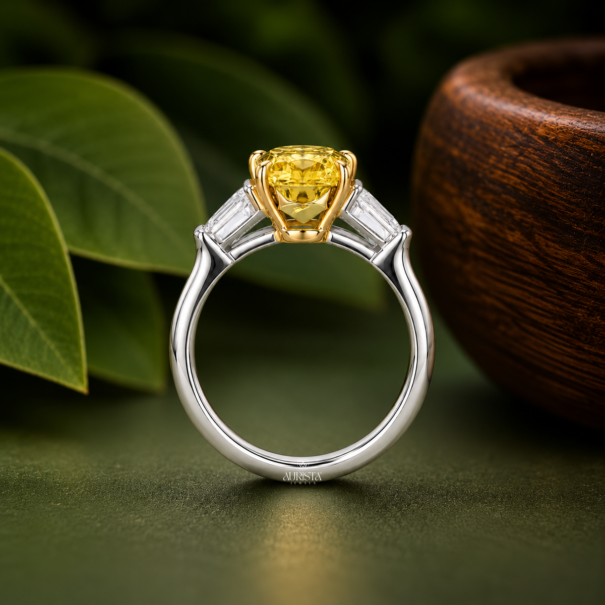Yellow Pear Cut Three Stone Engagement Ring Statement Band Lab Grown in Diamond