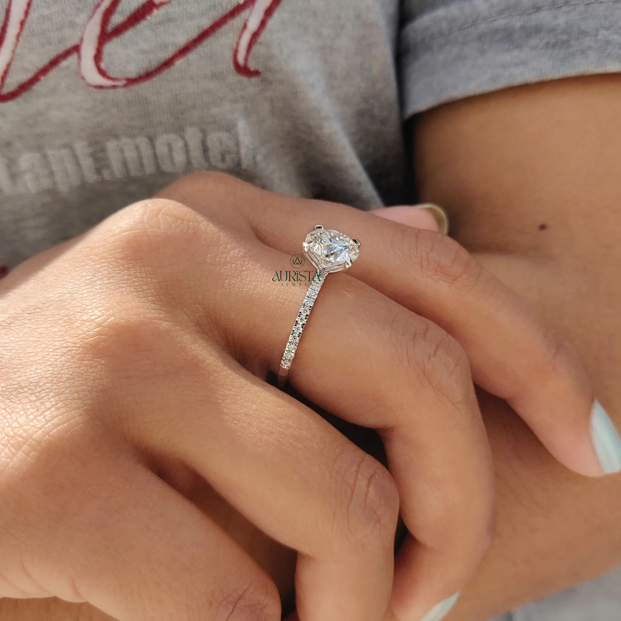 Round Cut Moissanite Engagement Ring with Diamond Pave Band in White Gold