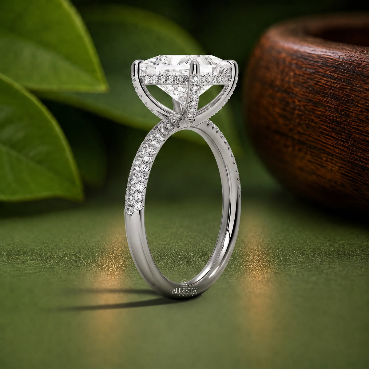 Princess Cut Lab Grown Diamond Hidden Halo Ring, Pave Band Fine Jewelry