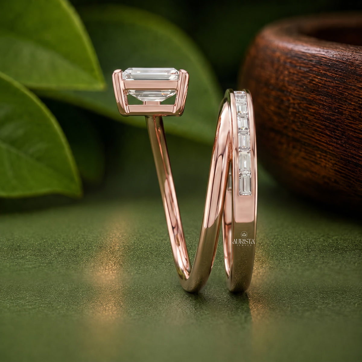 Emerald Moissanite Diamond Ring Set, Rose Gold Spiral Bridal Band With Baguette Set