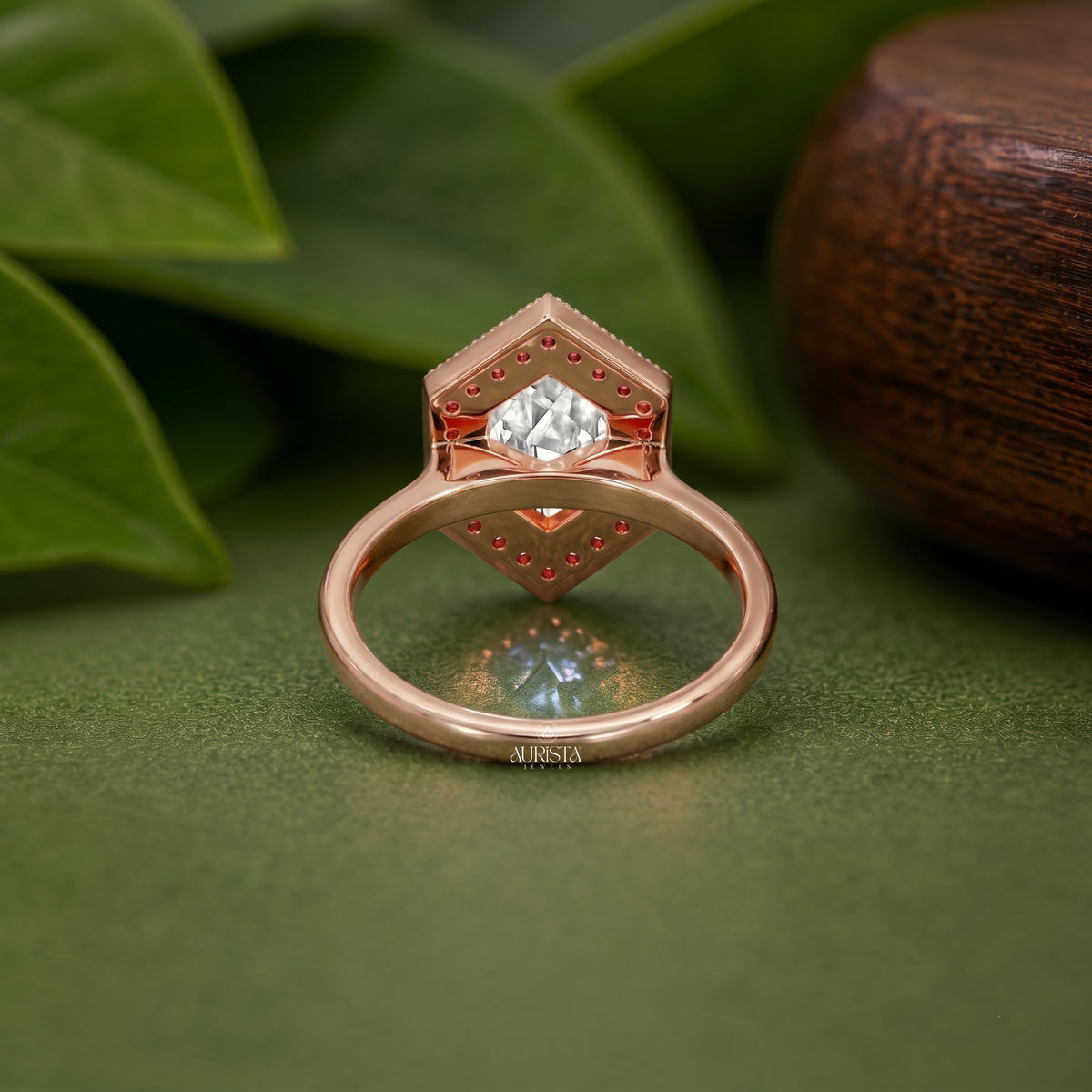 Hexagon Moissanite Diamond Ring, Rose Gold Halo Engagement Ring With Vintage Detail
