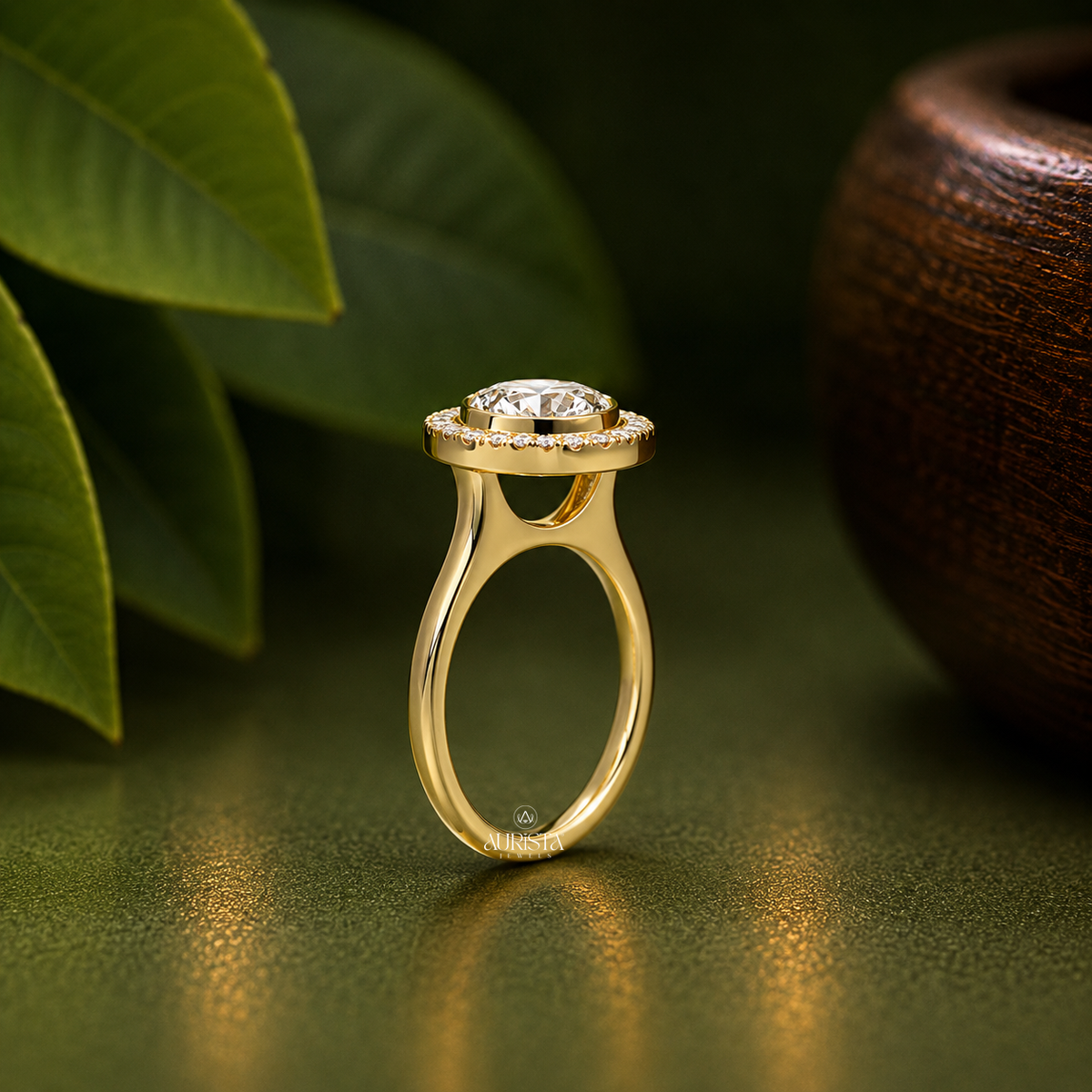 Round Lab Grown Diamond Ring, Bezel Halo Setting Band Unique Bridal Jewelry