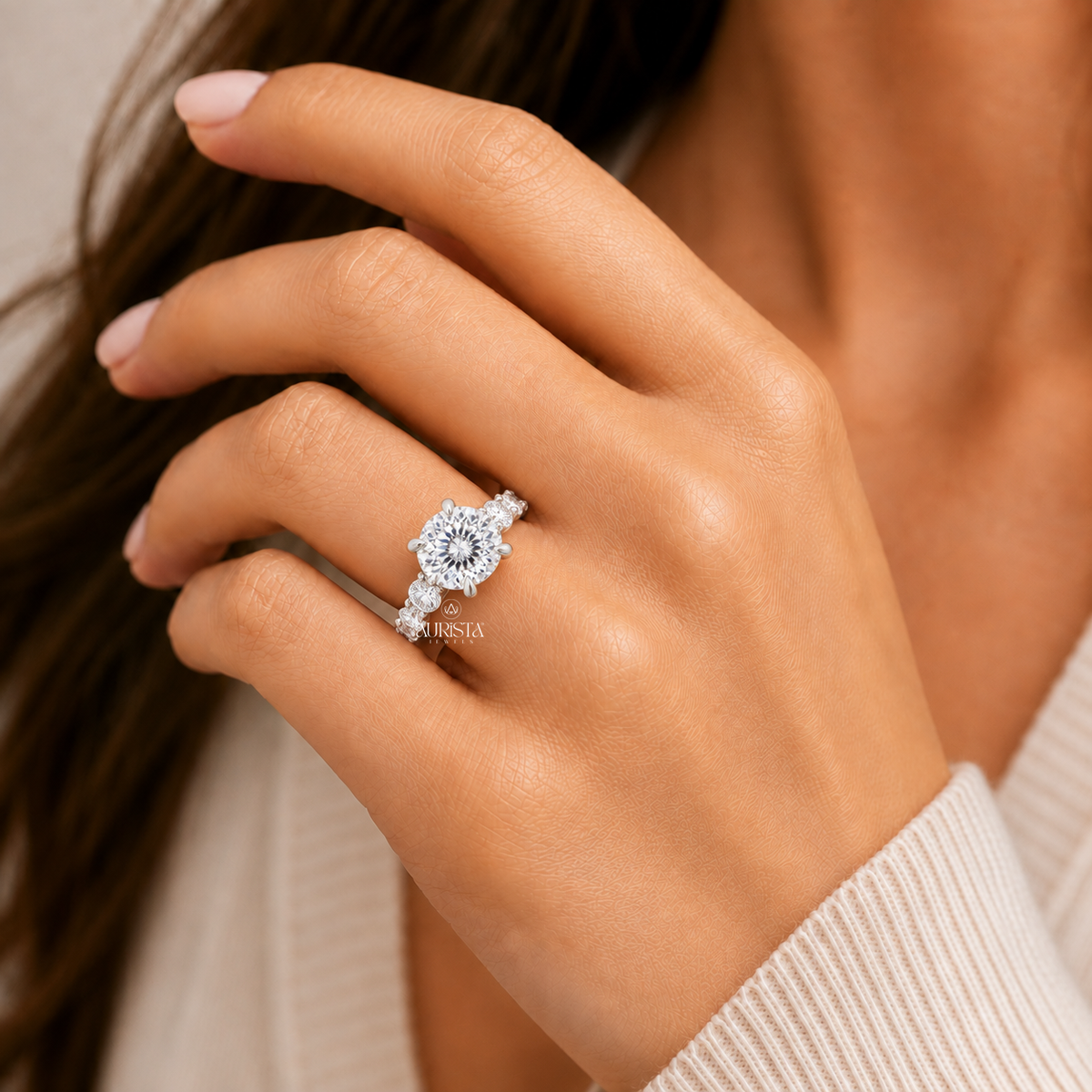 3CT Lab Grown Diamond Engagement Ring, Round Cut  Side Stones with Hidden Halo