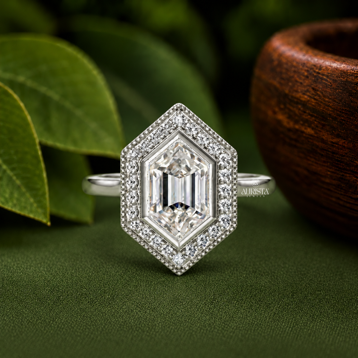 Hexagon Lab Grown Diamond Ring, Rose Gold Halo Engagement Ring With Vintage Detail