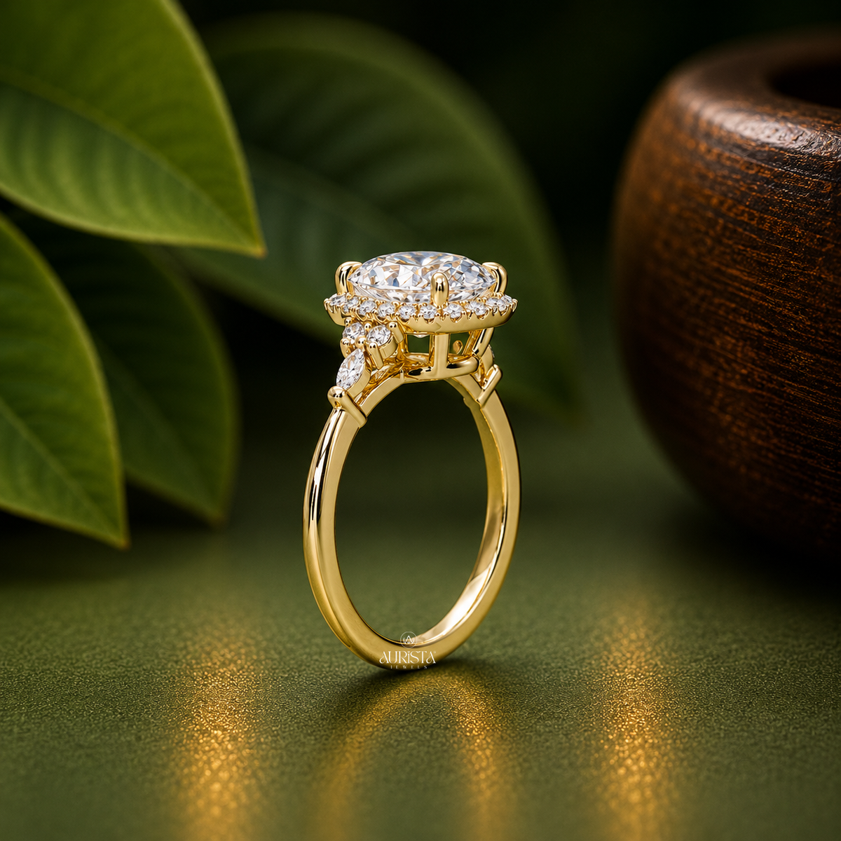 Oval Shape Lab Grown Diamond Ring, Halo Engagement Ring With Cluster Side Stones