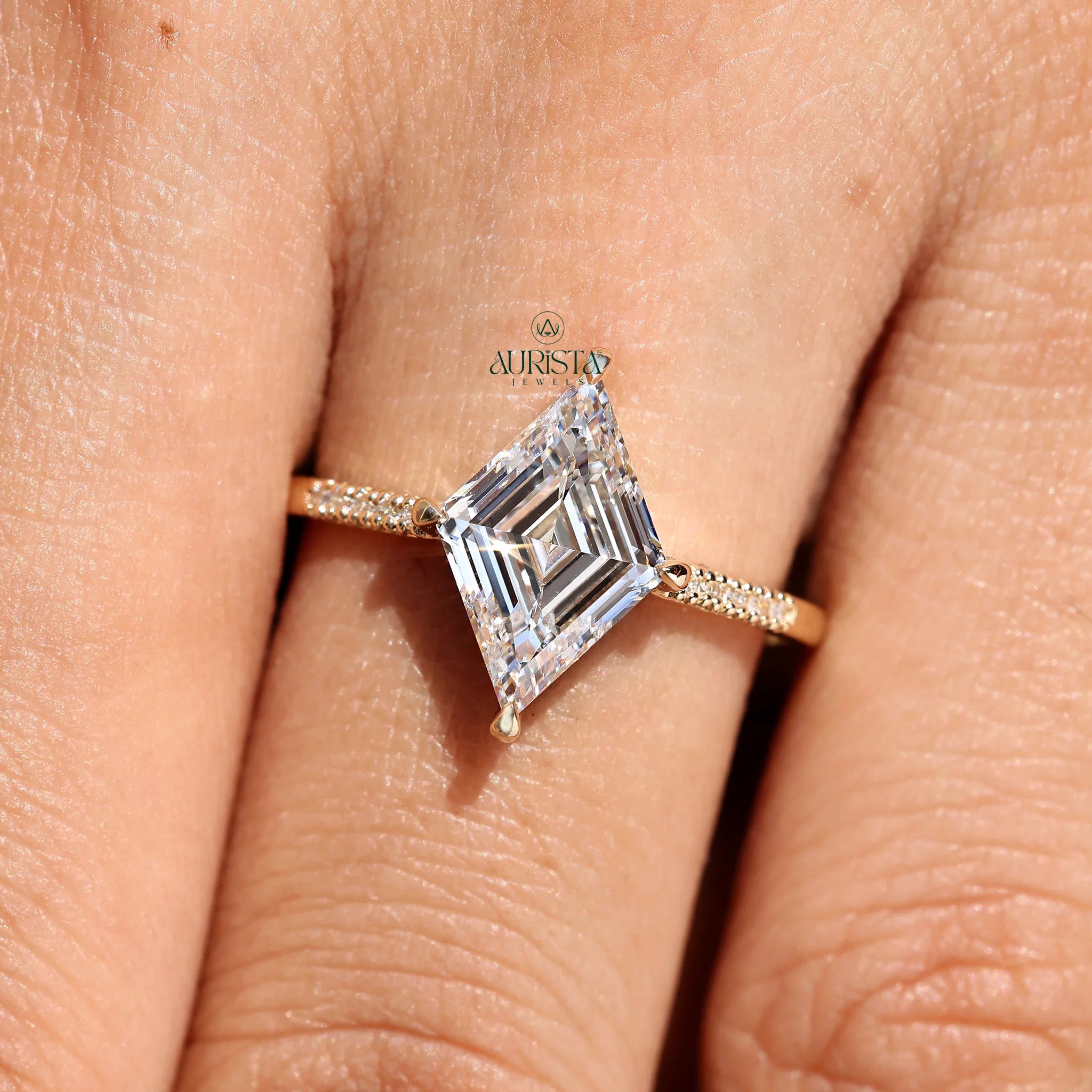 Kite Shaped Step Cut Moissanite Diamond Bridal Ring, Pave Band Stackable Wedding Rings