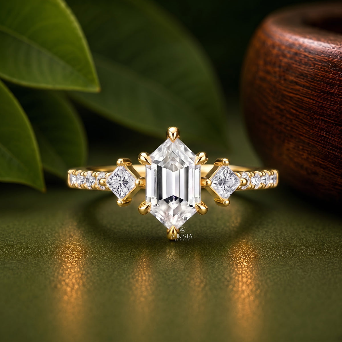 Hexagon Moissanite Diamond Ring, Rose Gold Three Stone Ring With Princess Side Stones