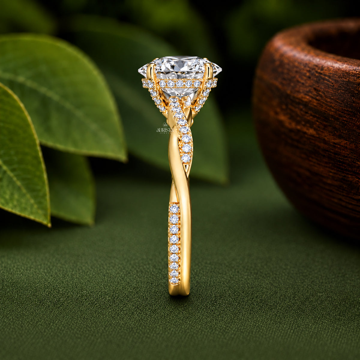 Round Cut Lab Grown Diamond Twisted Ring, Pavé Band Engagement Ring, Solitaire Band