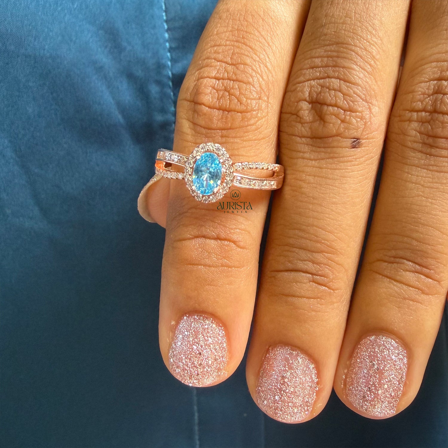 Oval Blue Moissanite Band Modern Split Shank Elegant Ring Everyday Luxury Jewelry