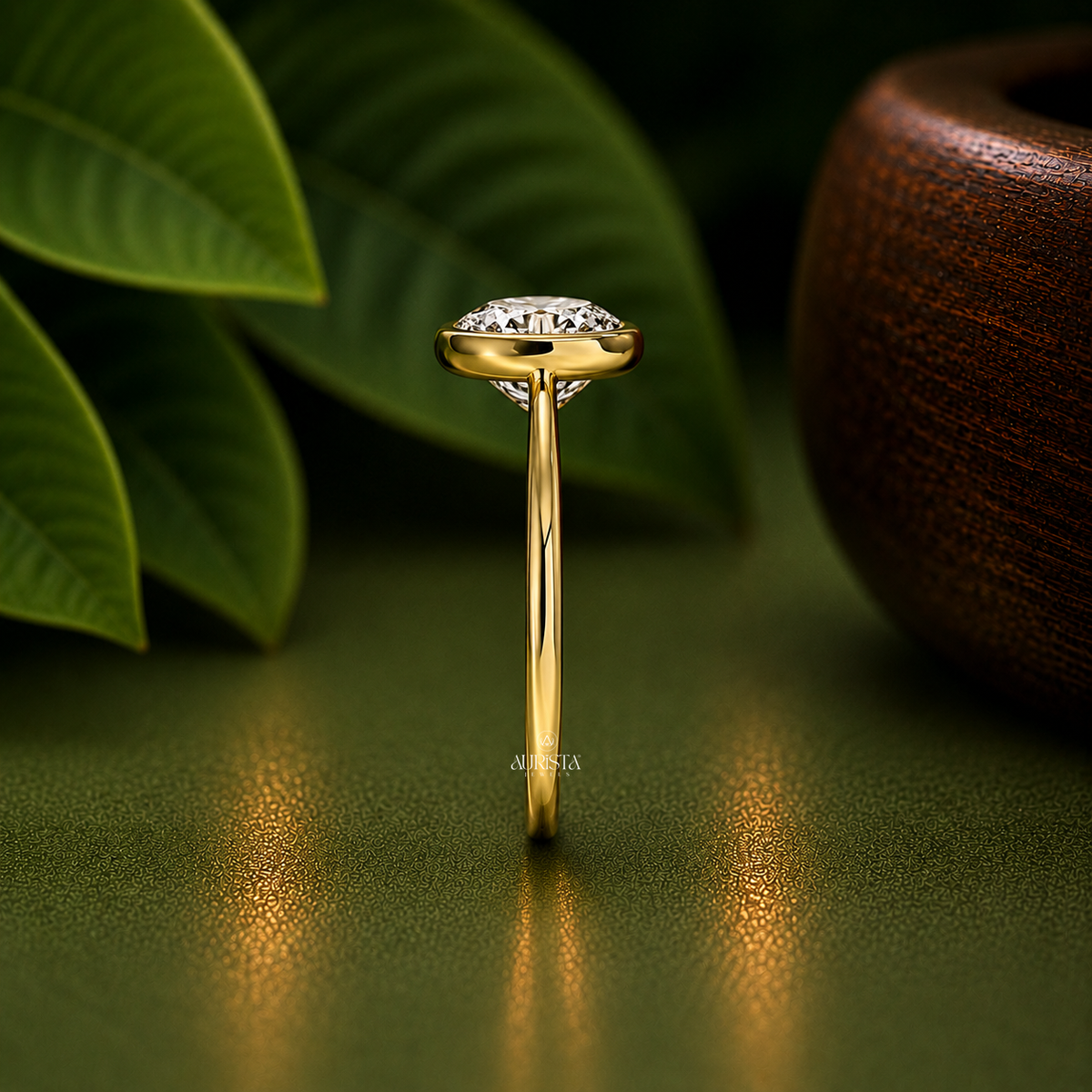 Oval Shape Lab Grown Diamond Ring, Bezel Set Solitaire Minimalist Yellow  Band