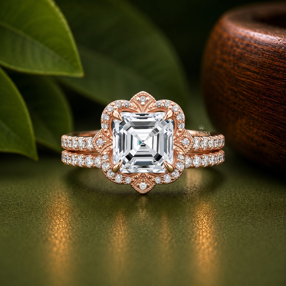 Asscher Lab Grown Diamond Ring Set, Vintage Floral Halo In Rose Gold Pave Side Stones