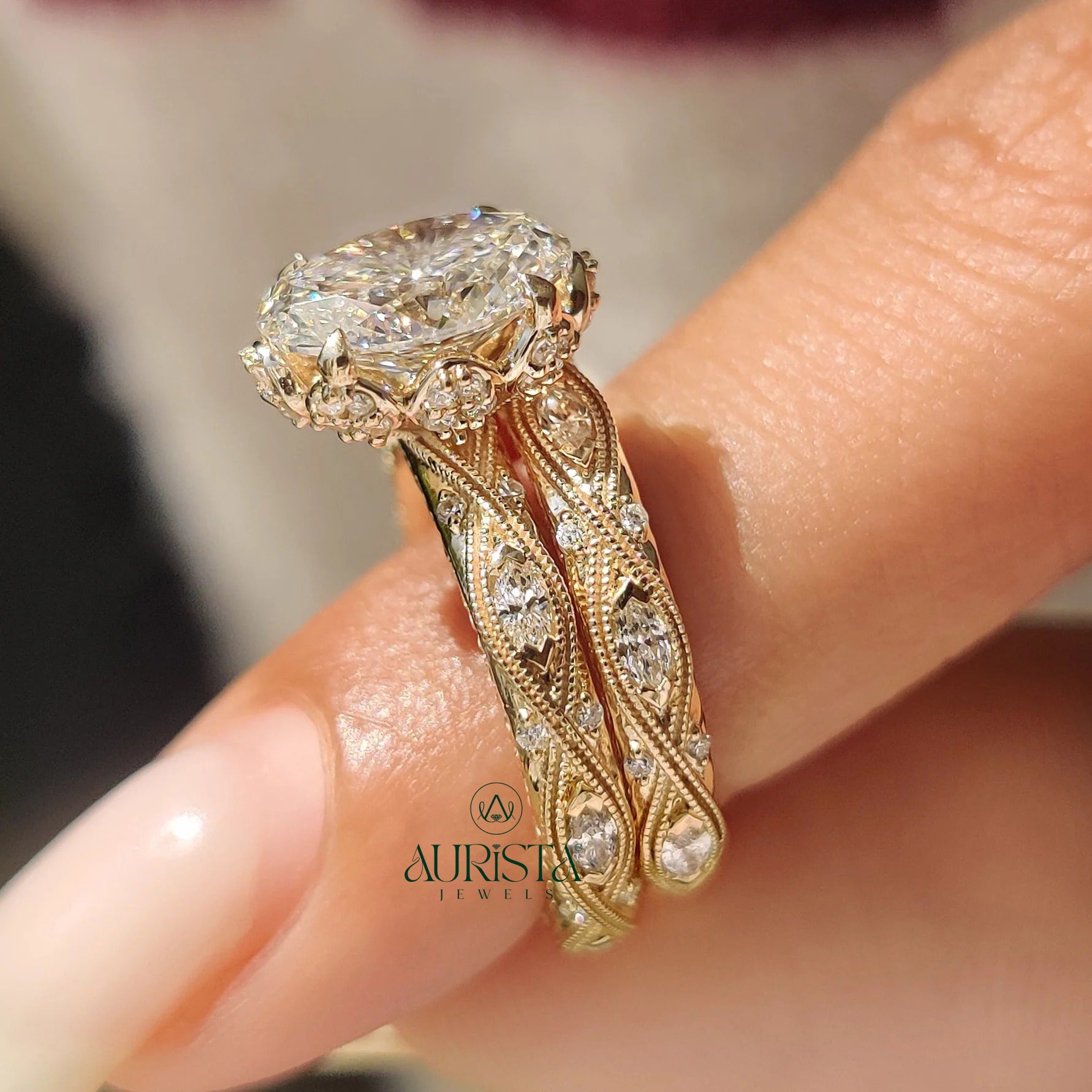 Vintage Oval Diamond Bridal Set - Antique Milgrain Marquise Band Ring