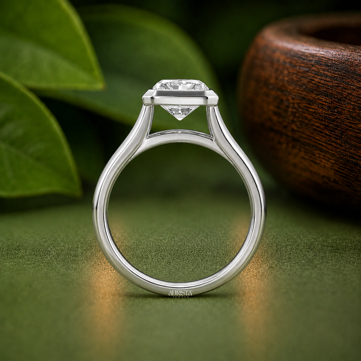 Radiant Lab Grown Diamond Ring, Bezel Set Solitaire Minimalist White Gold Band Ring
