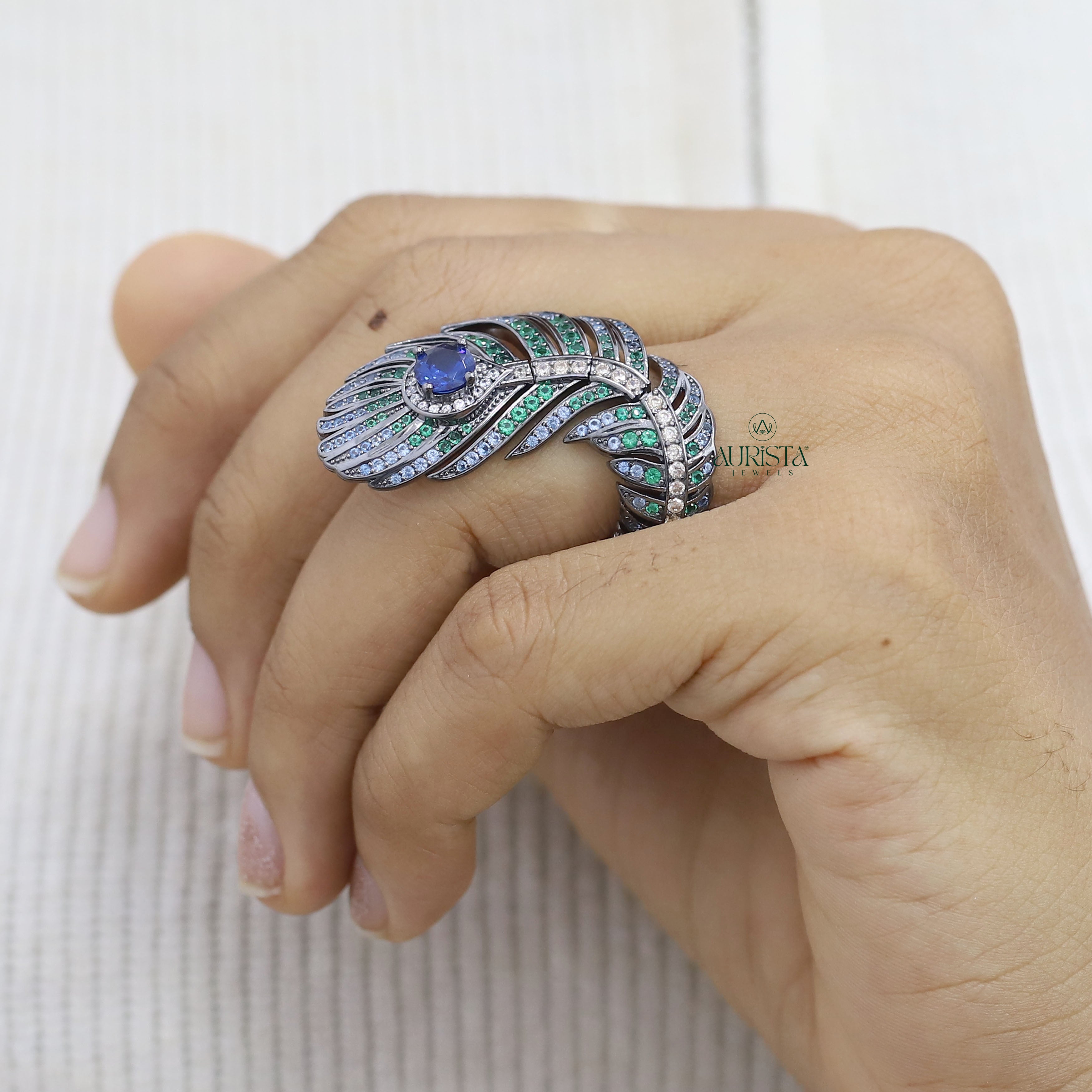 Peacock Feather Moissanite Ring - Blue Sapphire & Round Gemstone Statement Ring