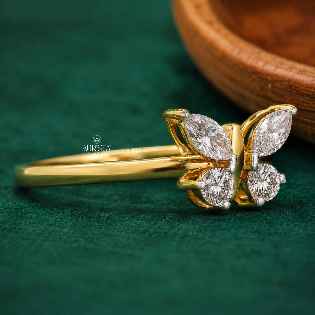 Butterfly Lab Grown Diamond Ring, Marquise & Round Shape Gold Statement Ring