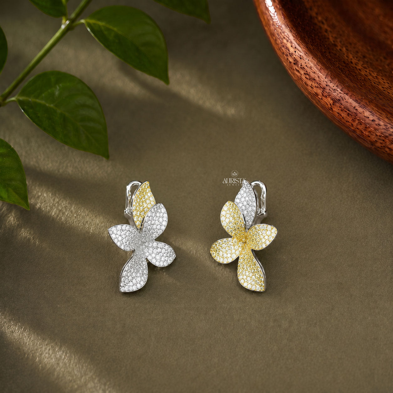 Two Tone Floral Moissanite Choker Set - Yellow & White Gemstone Flower Jewelry