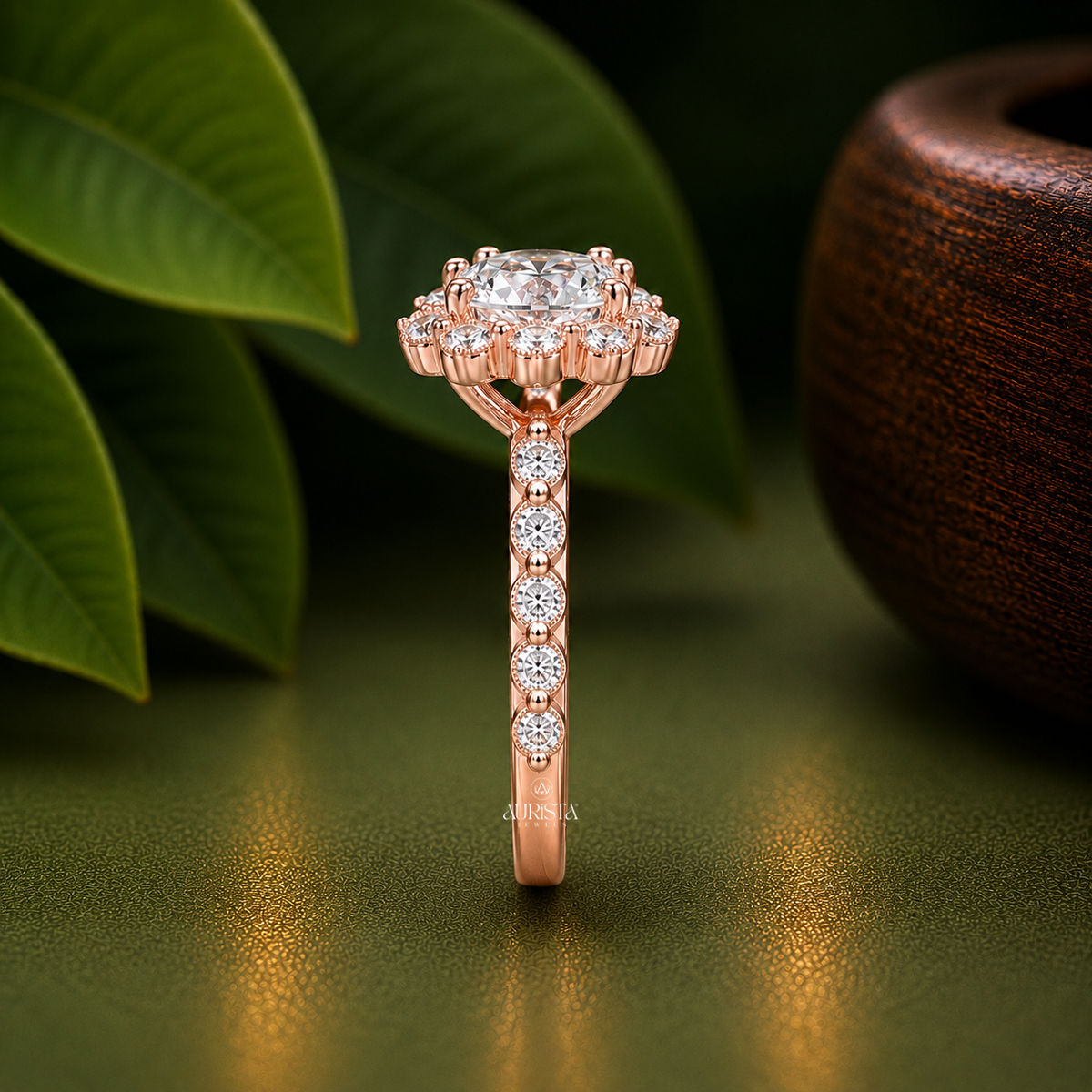 Round Shape Lab Grown Diamond Ring, Floral Halo Bubble Pave Band Anniversary Gift