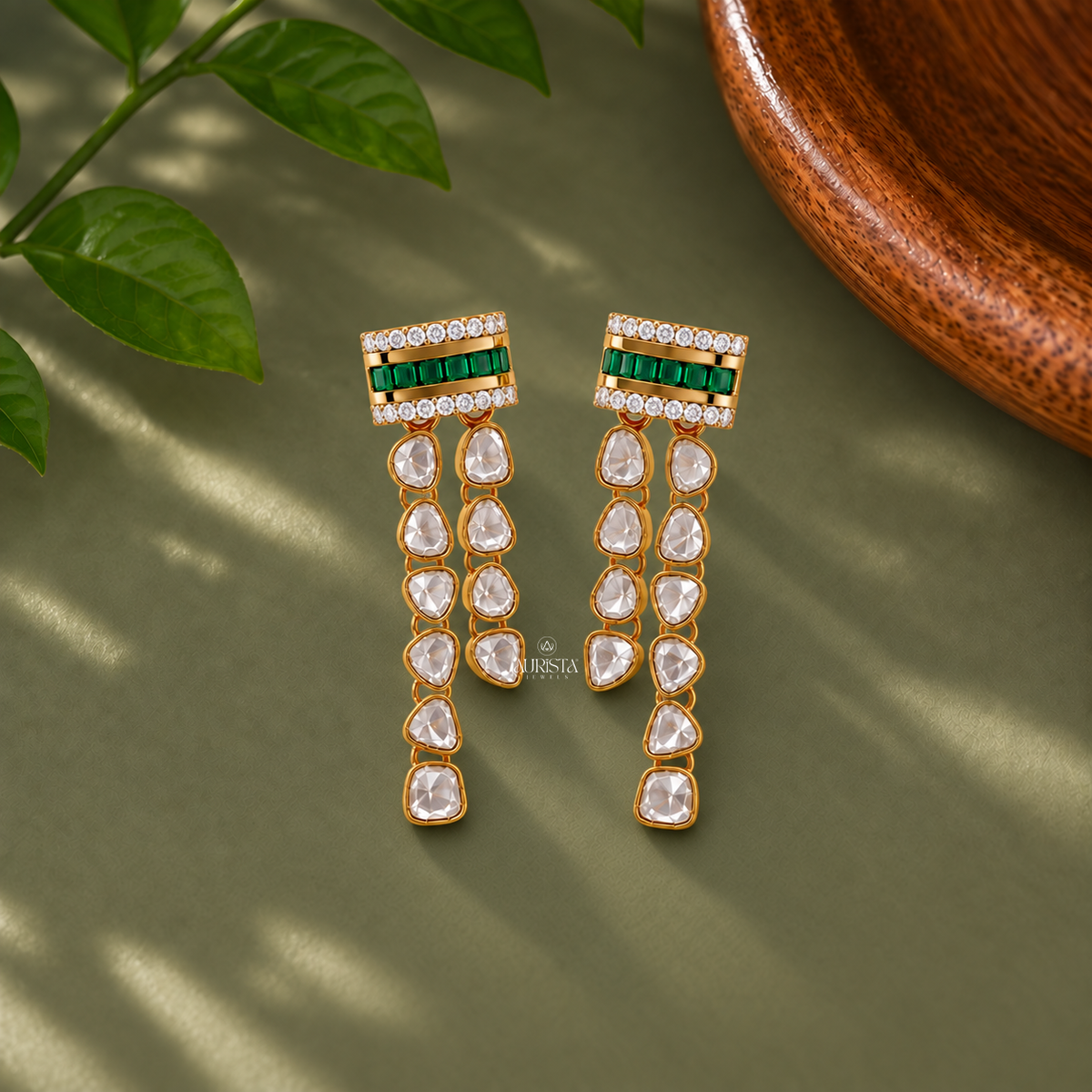 Traditional Polki & Green Emerald Dangle Earrings Lab Grown in Diamond Festive