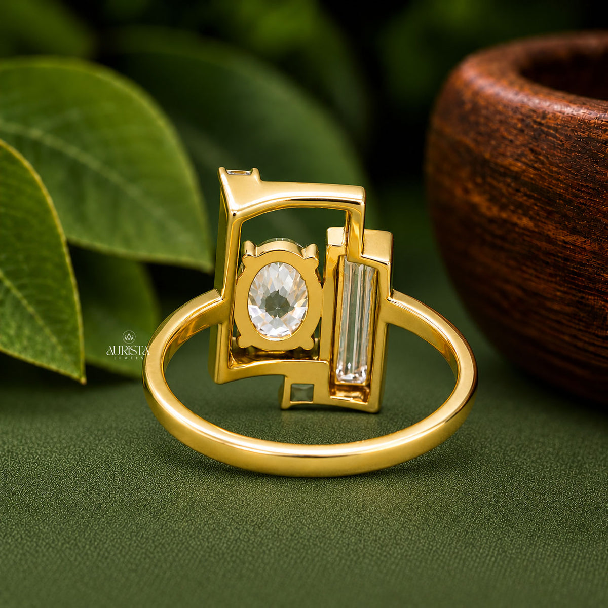 Oval Cut Lab Grown Diamond Geometric Ring, Baguette & Princess Statement Ring Band