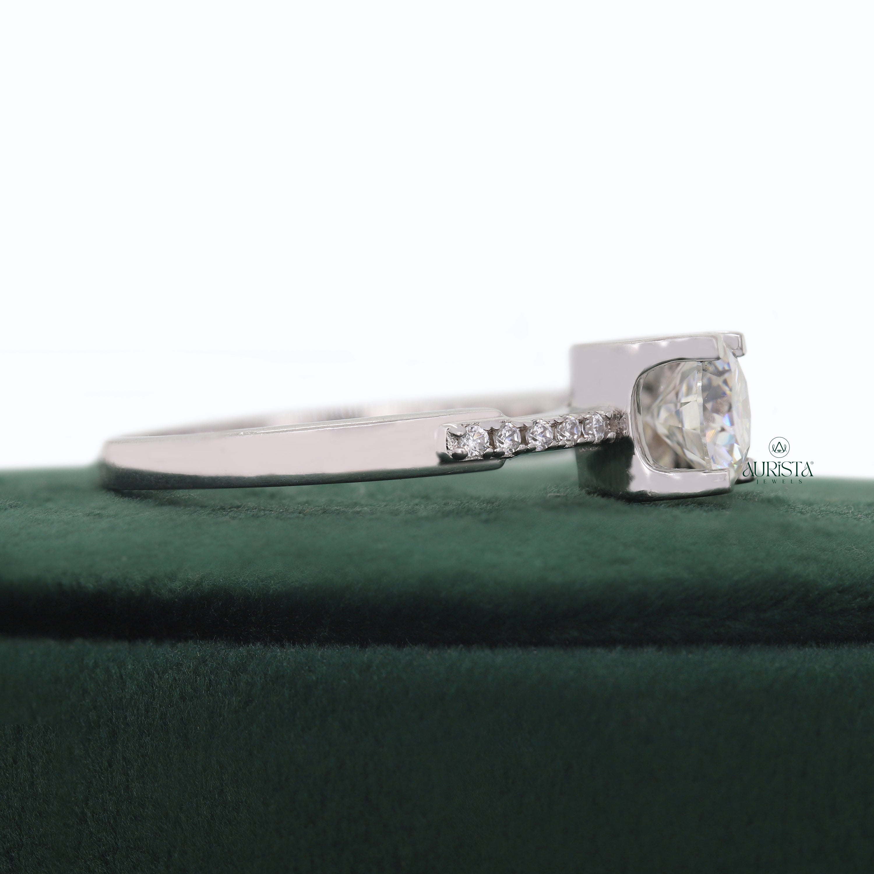 Round Cut Lab Grown Diamond Engagement Ring, Solitaire Ring With Pavé Band