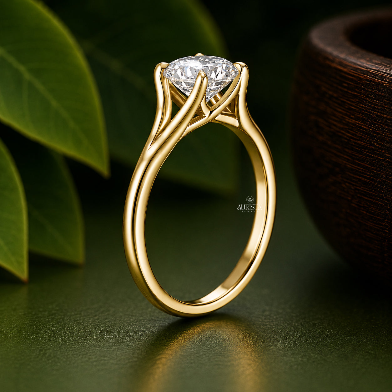 1 CT Round Lab Grown Diamond Engagement Ring & Gold Contour Bridal Set