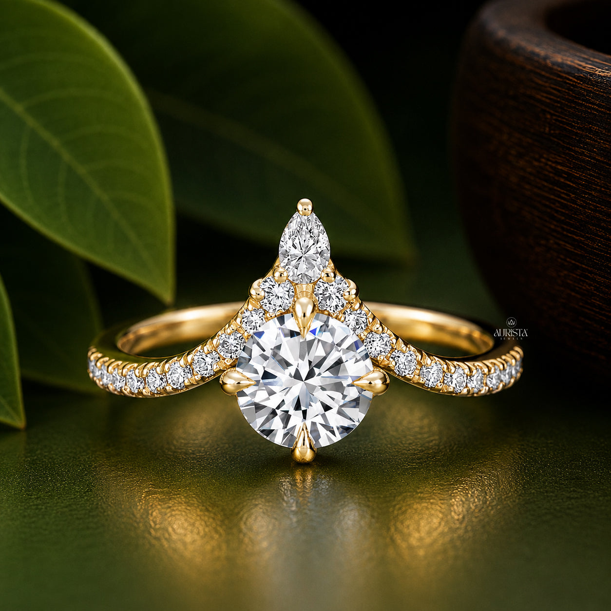 Round & Pear Lab Grown Diamond Crown Ring, Chevron Statement Wedding Band Set
